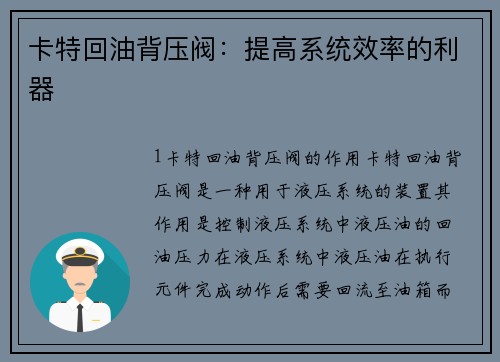 卡特回油背压阀：提高系统效率的利器